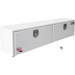 Double drop-down door topside box with T-handle lid and keyed lock. Overall width 88 in. White finish. Provides secure, organized storage for tools and equipment on service trucks.