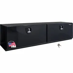 This double drop-down door box from BUYERS PRODUCTS is designed for underbody truck mounting. It features a black finish and a keyed lock for security. With an overall depth of 18 inches, it provides organized storage for tools and equipment in fleet and service vehicles.
