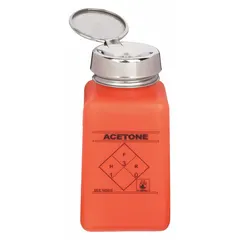 HDPE dispensing bottle with a 177.4 mL (6 fl oz) capacity, designed for acetone. Includes a silver dropper closure for controlled drop-by-drop dispensing. Non-sterile. Suitable for industrial cleaning, electronics assembly, and laboratory solvent applications.