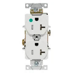 Duplex general purpose receptacle rated 125V AC and 20 A with a 5-20R configuration. White finish. Suitable for use in commercial and institutional environments where standard duplex outlets are required.