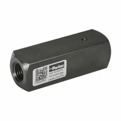 Steel-bodied check valve with SAE O-Ring Boss connections on inlet and outlet. Rated for 5000 psi and 5 gpm with #6 port size. Allows flow in one direction and prevents backflow in hydraulic circuits.