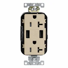 Duplex weather-resistant receptacle with built-in USB chargers, rated 125V AC and 20A with a 5-20R configuration. Ivory finish. Suitable for damp or wet locations, providing standard power and USB charging for devices.
