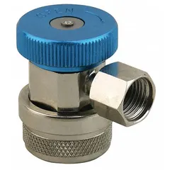This copper quick coupler is designed for automotive refrigerant systems, enabling quick connection and disconnection of hoses. It includes a safety stop for secure operation during maintenance and replacement of machine hoses and couplers.