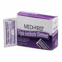 This topical antibiotic ointment contains Neomycin Sulfate and Bacitracin Zinc (400 units) in an alcohol-free, unitized 0.02 oz packet. Used for first aid on minor cuts, scrapes, and burns to help prevent infection. Supplied as 25 packets per pack