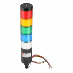 This five-tier tower light assembly from Dayton provides visual status indication for industrial automation, machinery, and process control. It features amber, blue, clear, green, and red light tiers with no sounder tier, operating on 24V AC/DC with a 56 mm overall diameter.