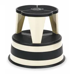 Steel round step stool with two steps, 14.3 in standing height, and 350 lb load capacity. Tan finish with slip-resistant plastic feet. Suitable for warehouse, stock-picking, and maintenance tasks requiring a stable elevated platform.