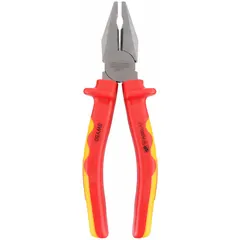 These 8-inch insulated lineman's pliers feature a curved jaw (1 5/8 in long, 1 1/4 in wide) and an integrated wire cutter. Designed for electrical work, they provide protection for applications requiring less than 6 inches of insulation. Suitable for gripping, twisting, and cutting wire in industrial maintenance and electrical installations.