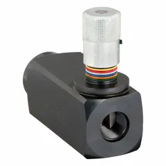 Steel-bodied pressure-compensated flow control valve with rotary knob adjustment. Ports are #12 SAE O-Ring Boss. Maintains set flow rate despite pressure variations, suitable for precise speed control in hydraulic circuits.