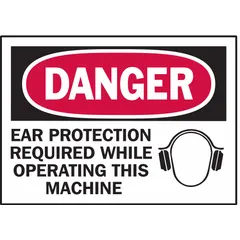 Polyester adhesive sign with danger message indicating ear protection is required while operating a machine. Nominal size 3 1/2 x 5 in, 0.01 in thick. Not retroreflective, not glow-in-the-dark, no anti-slip surface. Sold in pack of 5.