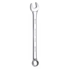 This metric combination wrench features a 12-point box end and open end, with a 24 mm head size and offset design for improved access in confined spaces. Constructed from alloy steel with a chrome finish, it has an overall length of 12 3/8 inches. Suitable for tightening or loosening metric fasteners in automotive and mechanical maintenance tasks.