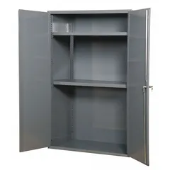 This welded steel cabinet provides secure storage for tools, parts, and equipment in industrial settings. It features a gray powder-coated finish, three adjustable shelves, and a swing handle with keyed lock. The 14-gauge panel thickness and stationary frame support heavy-duty use in factories, warehouses, and workshops.