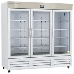 This upright lab refrigerator provides 72 cu ft of storage capacity with a temperature range of 1°C to 10°C, suitable for preserving reagents, samples, and media. It features three swing glass doors with right-opening style, a temperature alarm for critical contents, and uses R-290 refrigerant. Overall depth is 34 in.