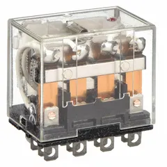 Plug-in relay from the OMRON LY Series with a square base and flat pins. Features a 4PDT contact configuration, 10 A current rating at 24V AC, and 5 A operating current at 24V DC for inductive loads. Suitable for switching industrial loads in control panels, automation systems, and machinery.