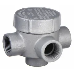 Iron conduit outlet body with T round body tee configuration, 3/4 in trade size, and 7.3 cu in capacity. Features threaded female hubs for use with threaded IMC, a round back, and includes a cover. Finished with triple coat epoxy coating. UL Listed for hazardous locations: Class I, Division 1 and 2, Groups C, D; Class II, Division 1 and 2, Groups E, F, G; and Class III.