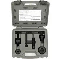 This kit includes a bushing, disconnect tool, and screw set in a blow-molded case for organized storage. It is used for removing and installing power steering pump pulleys on vehicles during steering system service