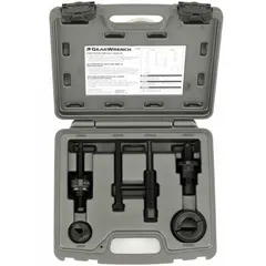 This kit includes a bushing, disconnect tool, and screw set in a blow-molded case for organized storage. It is used for removing and installing power steering pump pulleys on vehicles during steering system service.