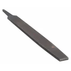 Rectangular file with tapered shape and double-cut teeth for aggressive material removal. Bastard cut, 10 in length without tang, 1 in width, 1/4 in thickness, with four cut edges. Suitable for general-purpose filing, deburring, and shaping of metal workpieces.