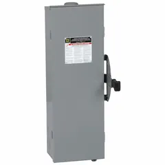 This SQUARE D fusible safety switch is rated 60 A, three-phase, 600V AC. The galvanized steel enclosure is suitable for indoor and outdoor use. It is used as a disconnect for electrical circuits in industrial and commercial applications, allowing safe maintenance or emergency shutdown of equipment such as motors and machinery.