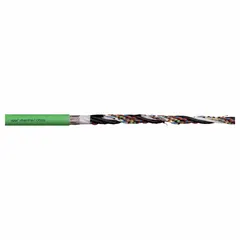 This servo motor feedback cable features a green PVC jacket with conductor grouping of (4) pair 22 AWG and (4) 20 AWG, without an included ground. It is sold by the foot and has a minimum bend radius factor of 5 x OD for fixed installations and 8 x OD for flexible applications. Typical uses include transmitting encoder or resolver signals in industrial motion control systems.