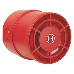 This WERMA tone alarm is a 100 mm diameter red sounder for indoor/outdoor use. It operates on 9 to 28V DC with a power consumption of 0.12 W. Typical applications include audible signaling in industrial environments such as factories, warehouses, and process plants for machine status, warnings, or evacuation tones.