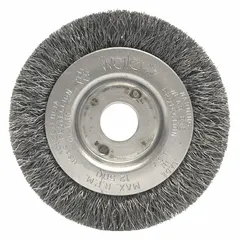 Crimped steel wire brush for light cleaning, surface preparation, and deburring on carbon steel. Removes rust, scale, and light burrs without damaging base material. 3" diameter, 7/16" width, 0.012" fill, fits 1/2" to 3/8" arbor.