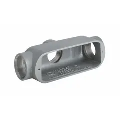 Aluminum TB tee type conduit outlet body with 1 in trade size, 12 cu in capacity, and threaded hub. Powder coated finish with stainless steel screws. For use with RMC as a junction point for wire pulling and splicing in conduit systems.