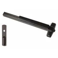 Bronze rim exit device with touchbar style, suitable for doors up to 4 ft wide. Features a night latch outside trim and is ADA compliant. Used in commercial buildings for secure egress