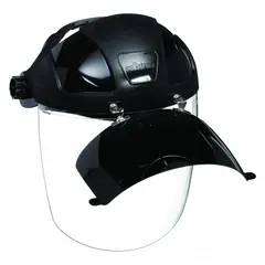 This SELLSTROM welding face shield features a clear, anti-fog, reusable polycarbonate visor measuring 12 1/8 inches wide by 9 inches high. The single-crown design includes a flip-down shade for welding applications. Black headgear provides secure fit. Suitable for protecting face and eyes during welding, grinding, and metalworking tasks.