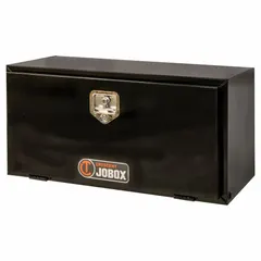 Single drop-down door box in gloss black finish with a keyed lock and rotating T-handle latch. Designed for underbody mounting on trucks and vans to provide secure storage for tools and equipment.