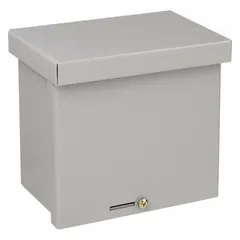 Painted steel enclosure with a solid screw-on cover, measuring 10 x 10 x 6 inches. Rated NEMA 3R for outdoor use, protecting against rain and sleet. Includes knockouts for cable entry and a padlock hasp for security. Suitable for housing electrical controls, terminals, and wiring.
