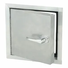 This steel access door is designed for wall mounting in exterior latching applications. It features a piano hinge and exposed flange, with a mill gray finish. Suitable for providing secure access to building systems such as HVAC, plumbing, or electrical equipment.