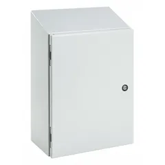 Steel enclosure with a sloped, solid, hinged cover that sheds liquids and contaminants. Measures 24 x 24 x 8 inches. Rated NEMA 12/13/4 for protection against dust, falling dirt, dripping non-corrosive liquids, and splashing water. Closure via 1/4-turn latch; knockouts are not included. Suitable for industrial environments requiring washdown capability.