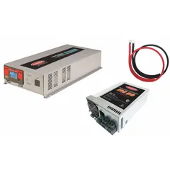 This multi-unit inverter with integrated battery charger converts 10.5 to 15V DC input to 120V AC pure sine wave output with 6000W peak power. The charger accepts 105 to 130V AC input and provides 13.2V to 14.4V DC output for battery charging. Suitable for industrial, marine, and off-grid applications requiring clean AC power and battery maintenance.