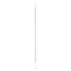 Cleanroom swab with a round cotton tip on a wood handle. Overall length 6 in, tip length 1/2 in, tip width 3/8 in, handle length 5 in. Low extractables. Pack of 100. Used for cleaning and maintenance in sensitive environments.