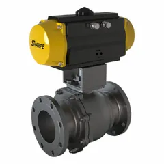 This pneumatically-actuated two-way ball valve is constructed of carbon steel with flange x flange connections. It is designed for on/off flow control in industrial piping systems handling fluids such as oil, gas, and water. The valve does not include a pilot solenoid voltage.