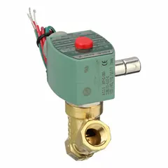 This REDHAT solenoid valve is a 2-way, 2-position normally closed type with a brass body and 3/8 in pipe size. It operates on 120V AC and is designed for high-flow applications. The coil enclosure is supplied without a junction box. Typical uses include on/off control of water, air, and light oil in industrial fluid systems.