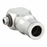 Nickel-plated brass tube fitting with M5 thread and push-to-connect design. Connects 5 mm pipe to 4 mm OD tubing. Suitable for pneumatic systems and fluid handling applications requiring tool-free assembly