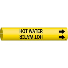 Yellow and black snap-on pipe marker for identifying hot water lines. Fits pipes with outer diameter 3/4 to 1 3/8 inches. Includes directional arrows to indicate flow direction. Supplied as a single marker.