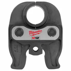 This press jaw is designed for use with compact press tools to create secure connections on 1-inch black iron or stainless steel pipe. Constructed from stainless steel and steel, it is suitable for pressing pipe connections in commercial and industrial piping systems.