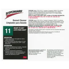 Secondary container label for identifying Scotchgard Bonnet Cleaner 11 bottles. Measures 8 1/2 inches wide by 11 inches high. Supplied as a 12-pack. Used in industrial and janitorial settings for proper chemical identification and compliance with secondary container labeling requirements.
