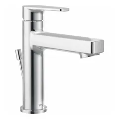 Metal construction with chrome finish. Single-post handle design for lavatory sinks. Flow rate of 1.2 gpm. Includes cartridge.