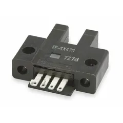 The OMRON EE-SX470 is a U-slot photoelectric sensor with a built-in connector, operating on a 5-24V DC supply voltage. It features an NPN output for switching signals. This sensor is used for object detection within its slot, suitable for position sensing, counting, and end-of-travel applications in industrial automation.