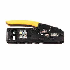 Modular data plug crimper for terminating RJ-11, RJ-12, and RJ-45 connectors onto Cat3, Cat5e, and Cat6 cable. Features a ratchet mechanism for consistent crimps and a built-in wire cutter for trimming conductors. Overall length 5 1/4 inches.