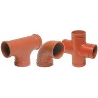 Grooved pipe fitting for changing flow direction in piping systems. Connects to grooved-end pipe via mechanical couplings for assembly without welding. Used in fire protection, HVAC, and industrial applications