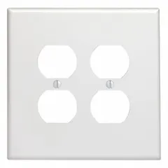 General-purpose wall plate for duplex outlets. Two-gang jumbo size covers two devices in a single opening. Molded plastic in white finish. Suitable for residential, commercial, and light industrial installations where a larger plate is desired.
