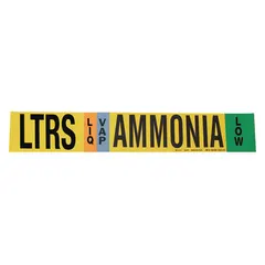 Ammonia adhesive pipe marker for LIQ/VAP phase at Low IIAR pressure level. Fits pipe O.D. 8 in and larger. Supplied without arrows. Used for identifying ammonia piping in industrial refrigeration systems.