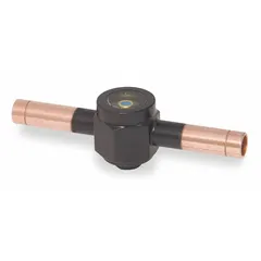 The PARKER PSG-7S is a sweat connection sight glass constructed of steel. It has an overall length of 6 5/16 inches and a cut-out length of 4.73 inches. This component is used for visual flow monitoring in piping systems, allowing observation of fluid presence, clarity, and movement. Typical applications include HVAC, refrigeration, and fluid handling systems where copper or steel piping is employed.