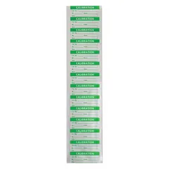 Green matte polyester calibration label measuring 1-1/2 in wide by 5/8 in high. Designed for indoor use, it provides a durable marking solution for equipment calibration identification. Supplied in English as a 350-count pack.