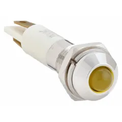 This LED indicator pilot light features a yellow raised head with M08 design for clear visual status indication on industrial control panels, machinery, and equipment. It mounts into a 5/16 in panel hole and uses a 0.11 Male Quick Disconnect electrical connection.