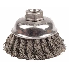 This heavy-cleaning brush features standard twist knot wire bristles for aggressive surface preparation on contoured carbon steel surfaces. With a 3 1/2 in diameter and 0.02 in fill diameter, it connects via a 5/8"-11 arbor hole. Suitable for removing rust, scale, and weld splatter in metal fabrication and maintenance tasks.